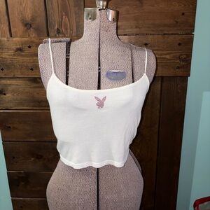 PLAYBOY White Crop Top with Pink Rhinestone Bunny Logo